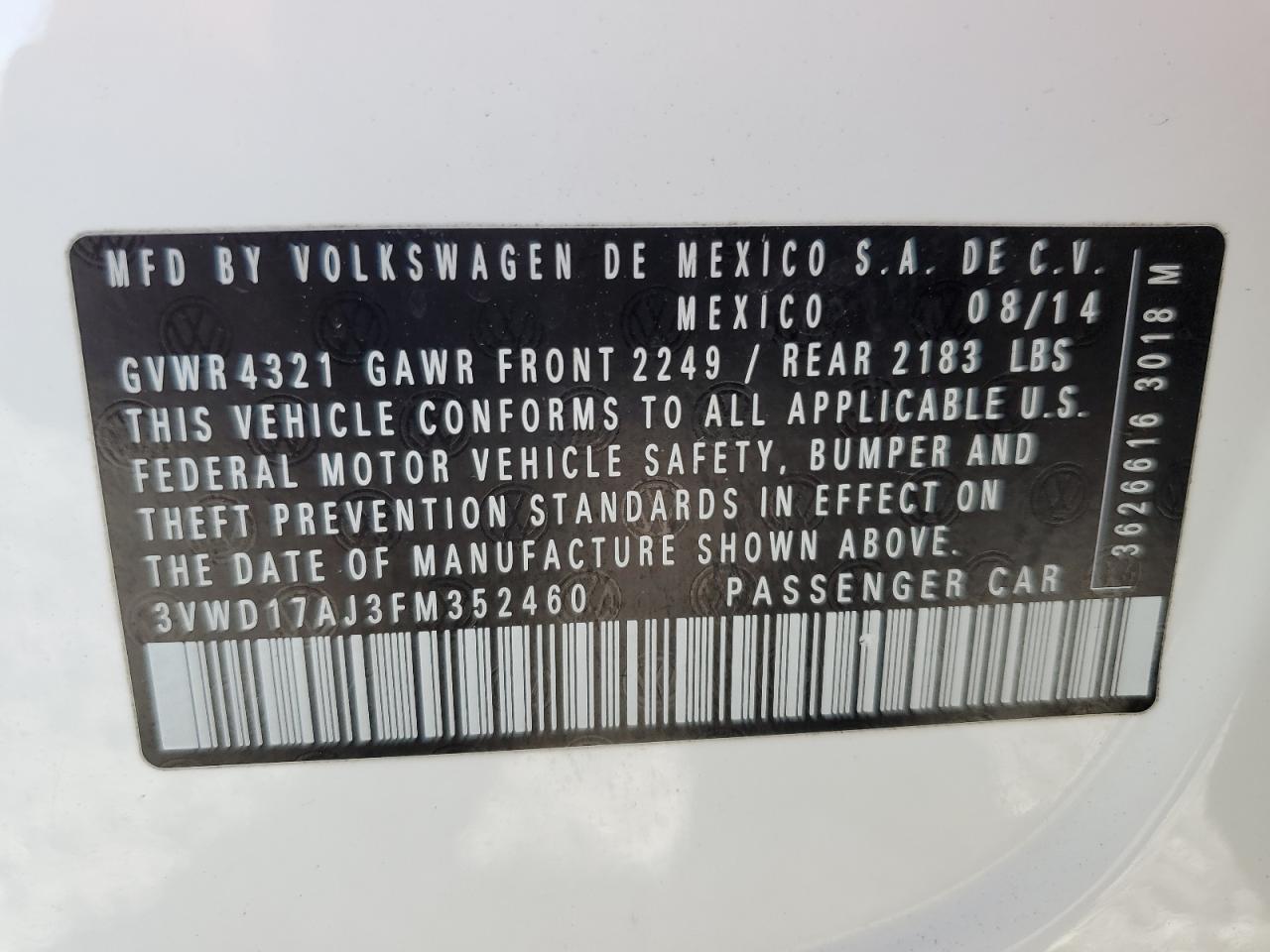 2015 Volkswagen Jetta Se VIN: 3VWD17AJ3FM352460 Lot: 82440795