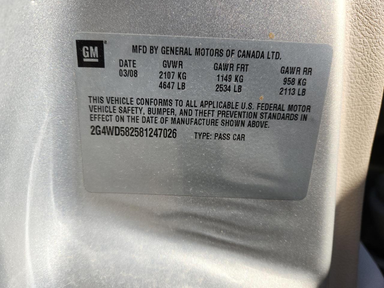 2008 Buick Lacrosse Cxl VIN: 2G4WD582581247026 Lot: 82601405