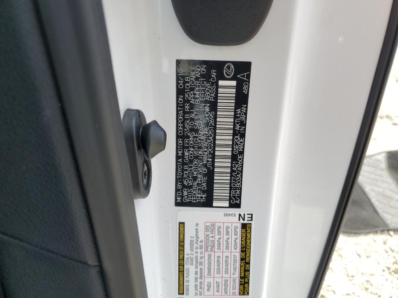 2010 Lexus Is 250 VIN: JTHFF2C23A2512695 Lot: 82228725