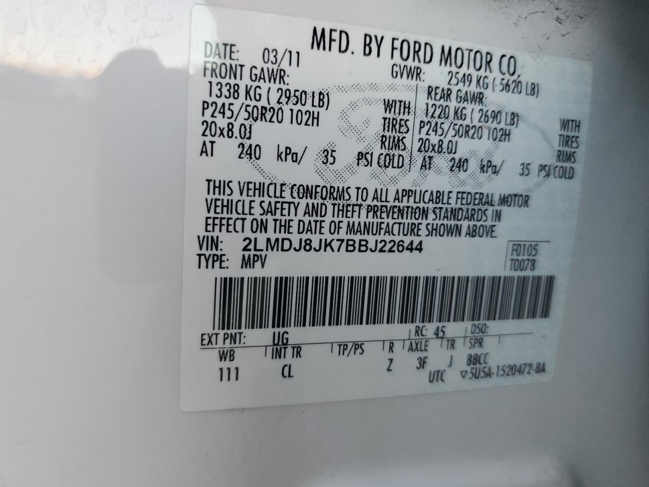 2011 Lincoln Mkx VIN: 2LMDJ8JK7BBJ22644 Lot: 86671605