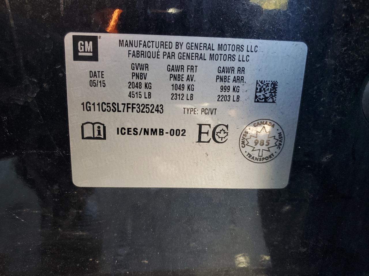 2015 Chevrolet Malibu 1Lt VIN: 1G11C5SL7FF325243 Lot: 87056355