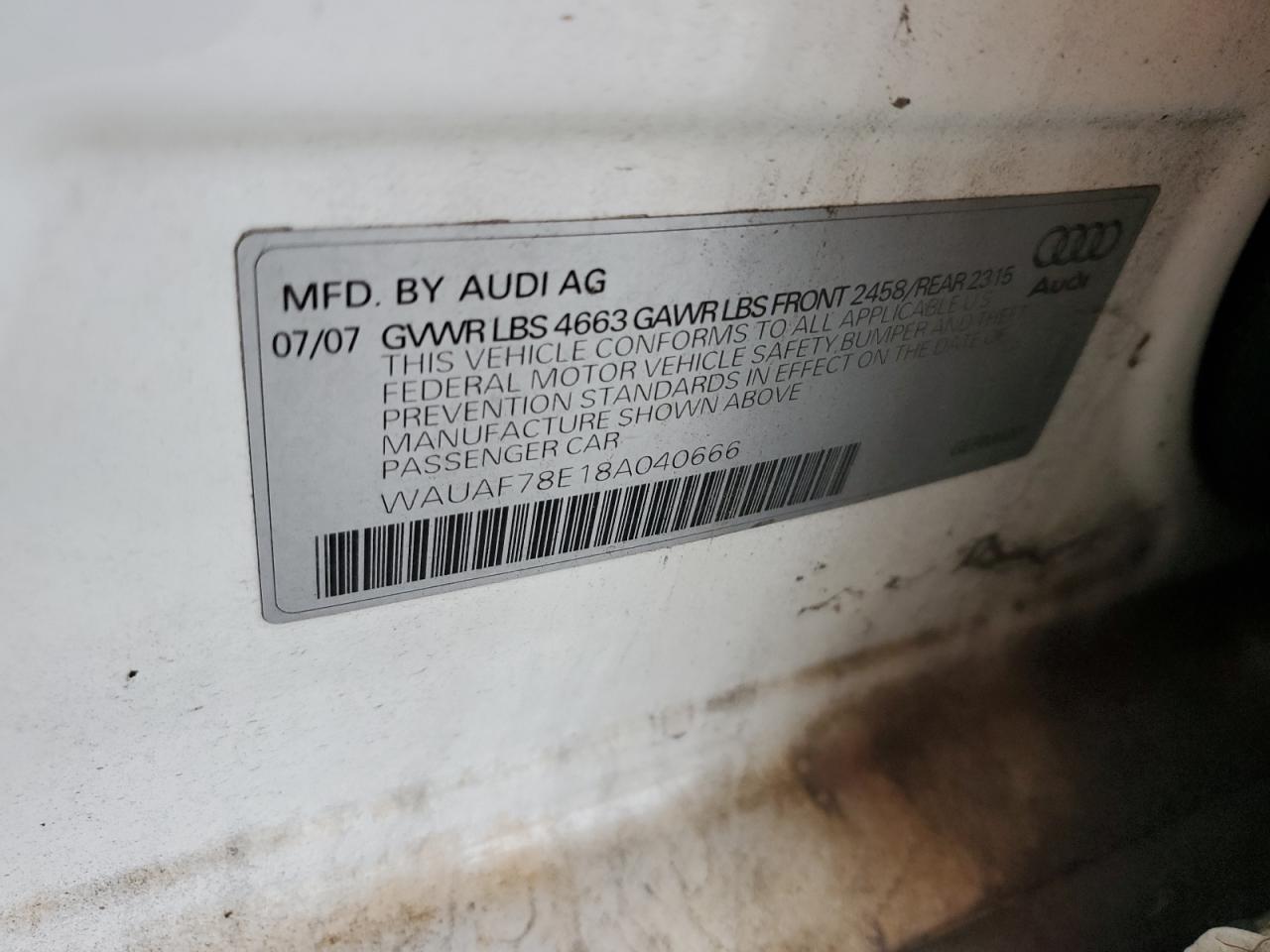 2008 Audi A4 2.0T VIN: WAUAF78E18A040666 Lot: 85741335