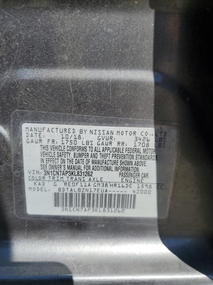 2019 Nissan Versa S VIN: 3N1CN7AP3KL831262 Lot: 85305595