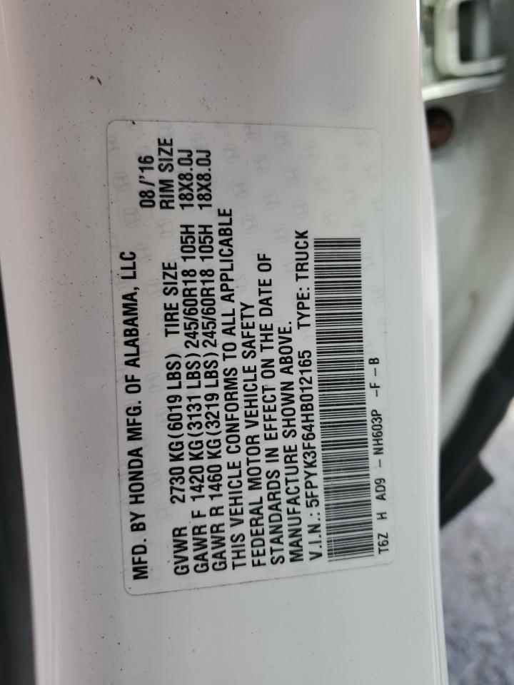 2017 Honda Ridgeline Rtl VIN: 5FPYK3F64HB012165 Lot: 85113315