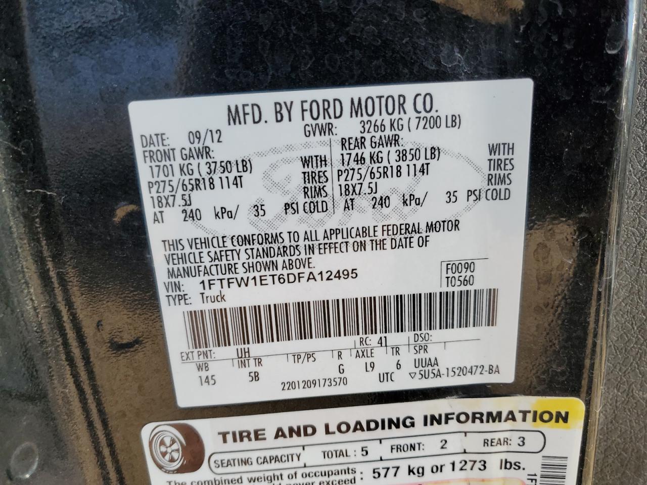 2013 Ford F150 Supercrew VIN: 1FTFW1ET6DFA12495 Lot: 84660665