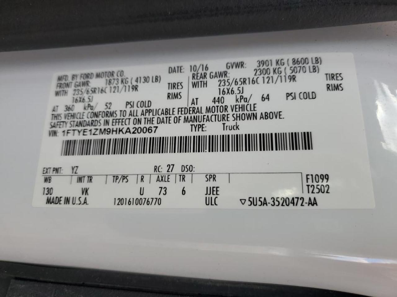 2017 Ford Transit Delivery Van VIN: 1FTYE1ZM9HKA20067 Lot: 86685425