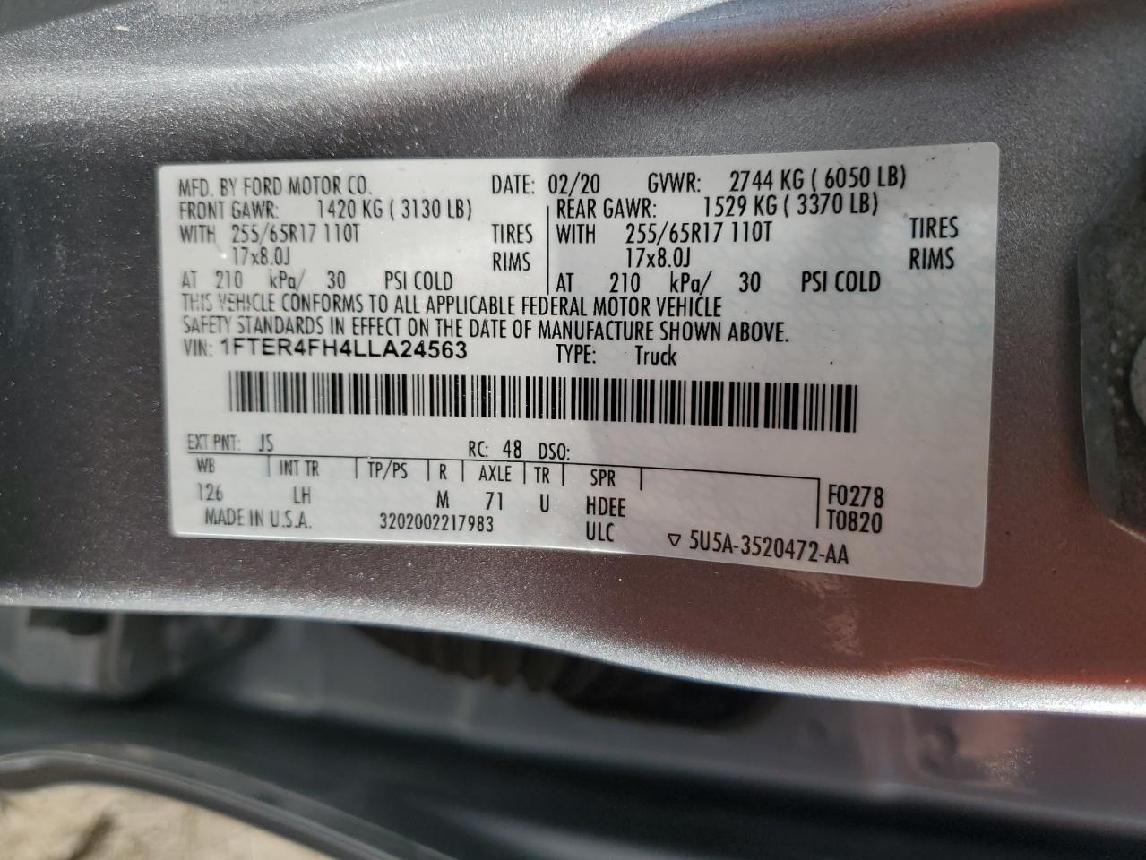 2020 Ford Ranger Xl VIN: 1FTER4FH4LLA24563 Lot: 82303185