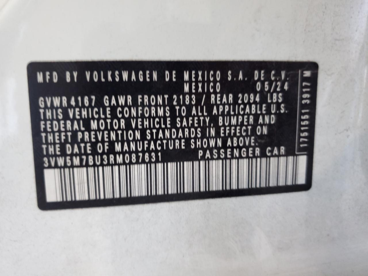 2024 Volkswagen Jetta S VIN: 3VW5M7BU3RM087631 Lot: 85493595