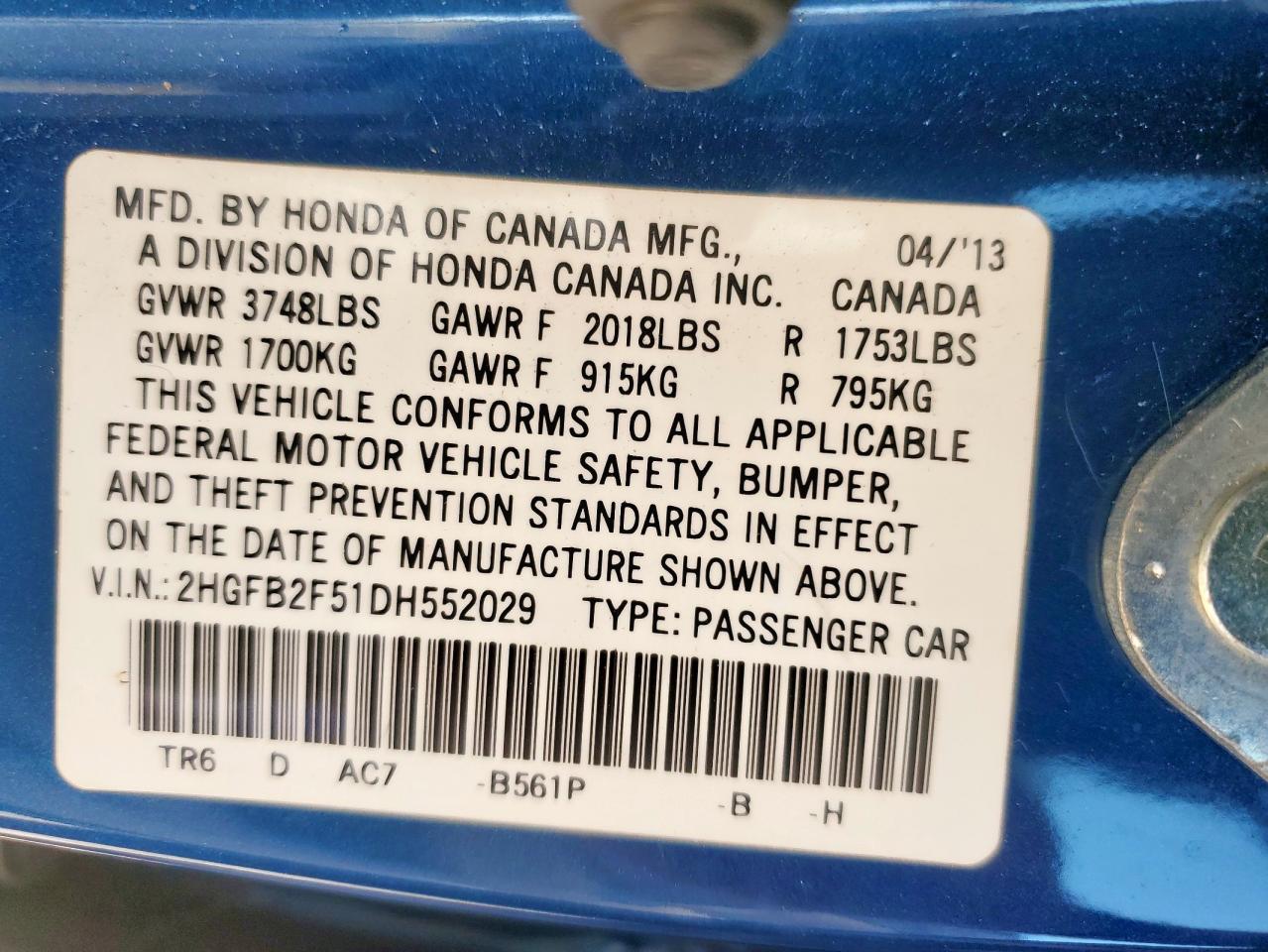 2013 Honda Civic Lx VIN: 2HGFB2F51DH552029 Lot: 84649195