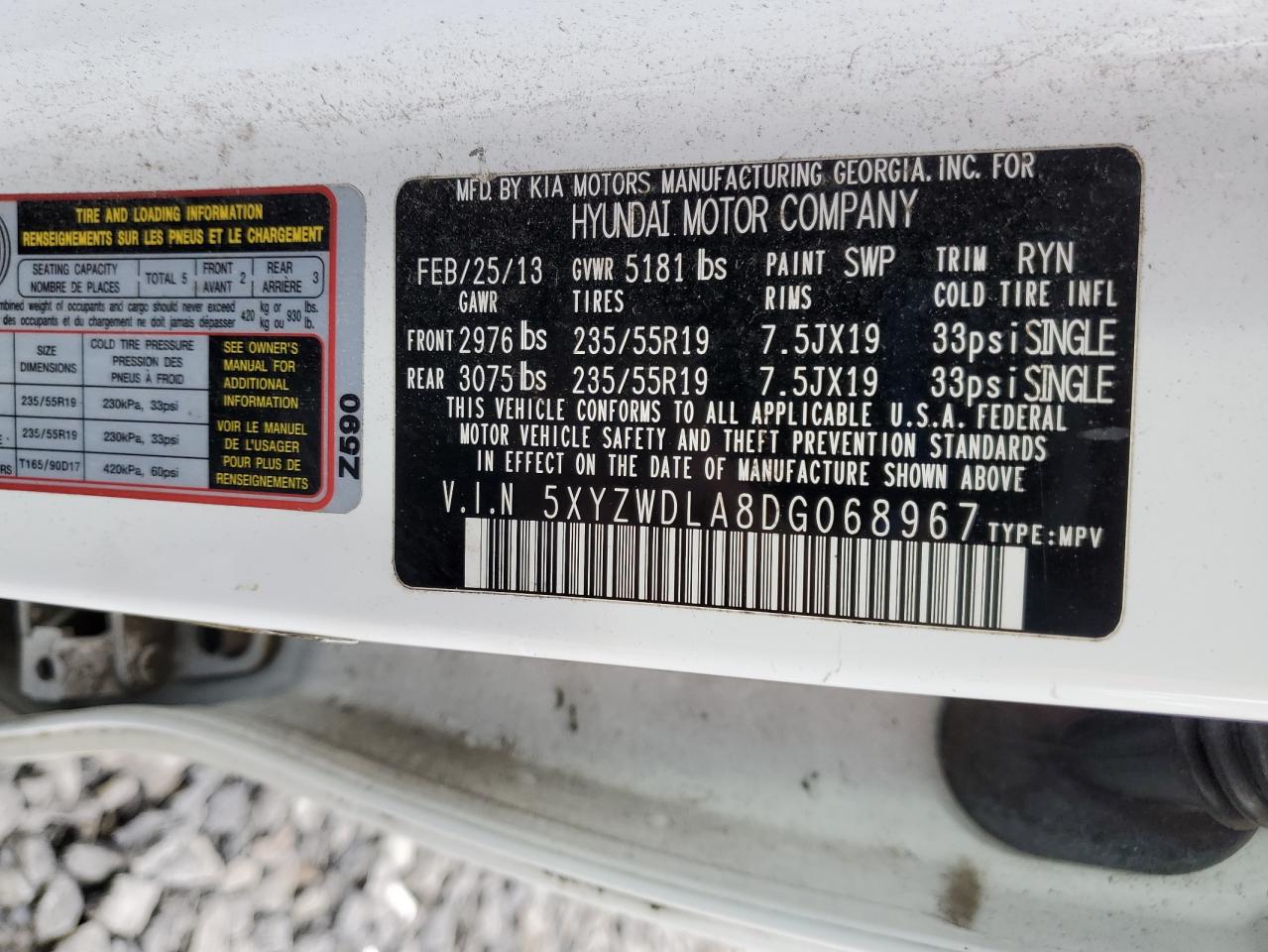 2013 Hyundai Santa Fe Sport VIN: 5XYZWDLA8DG068967 Lot: 86729675
