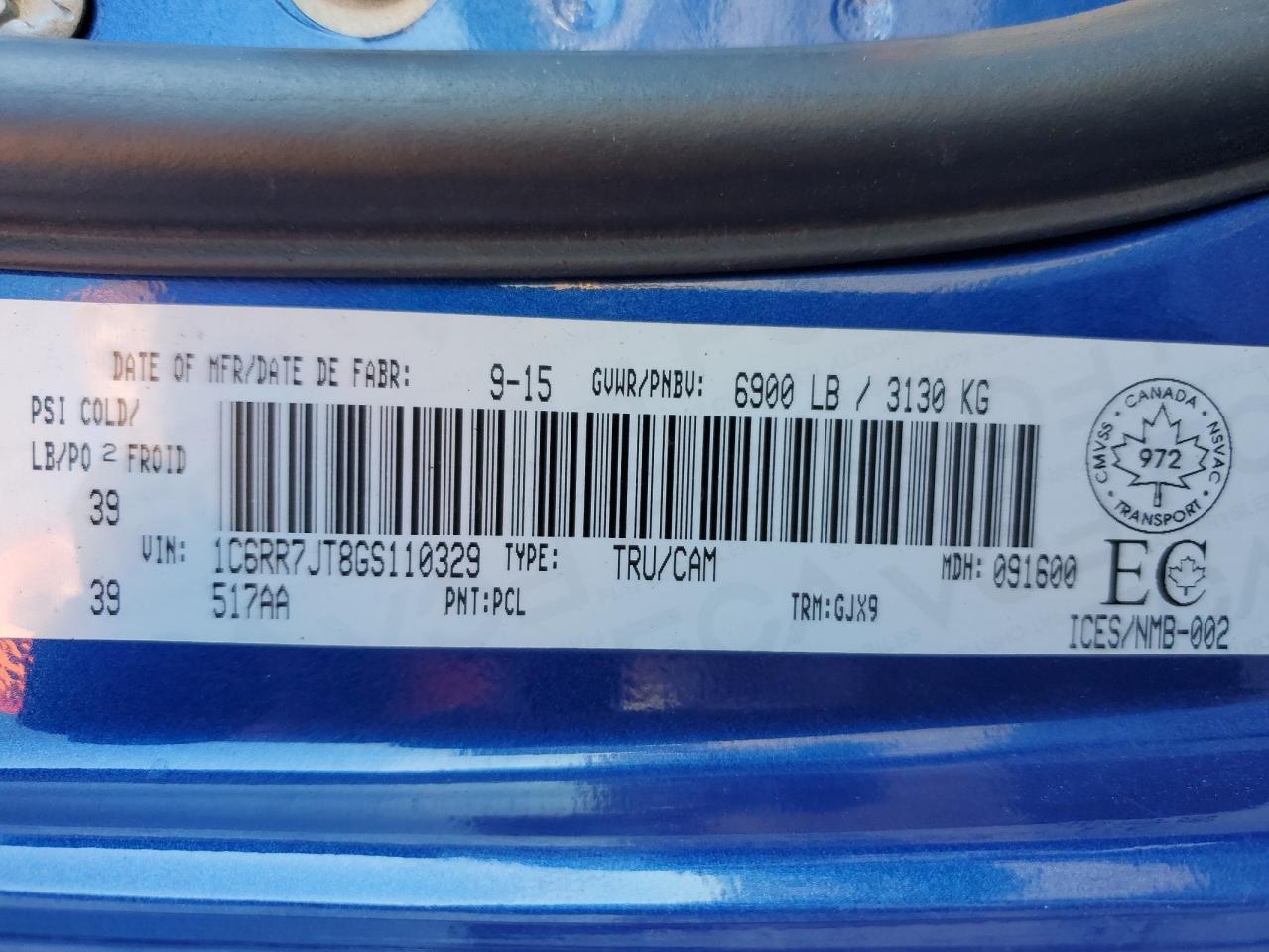 2016 Ram 1500 Laramie VIN: 1C6RR7JT8GS110329 Lot: 84572215