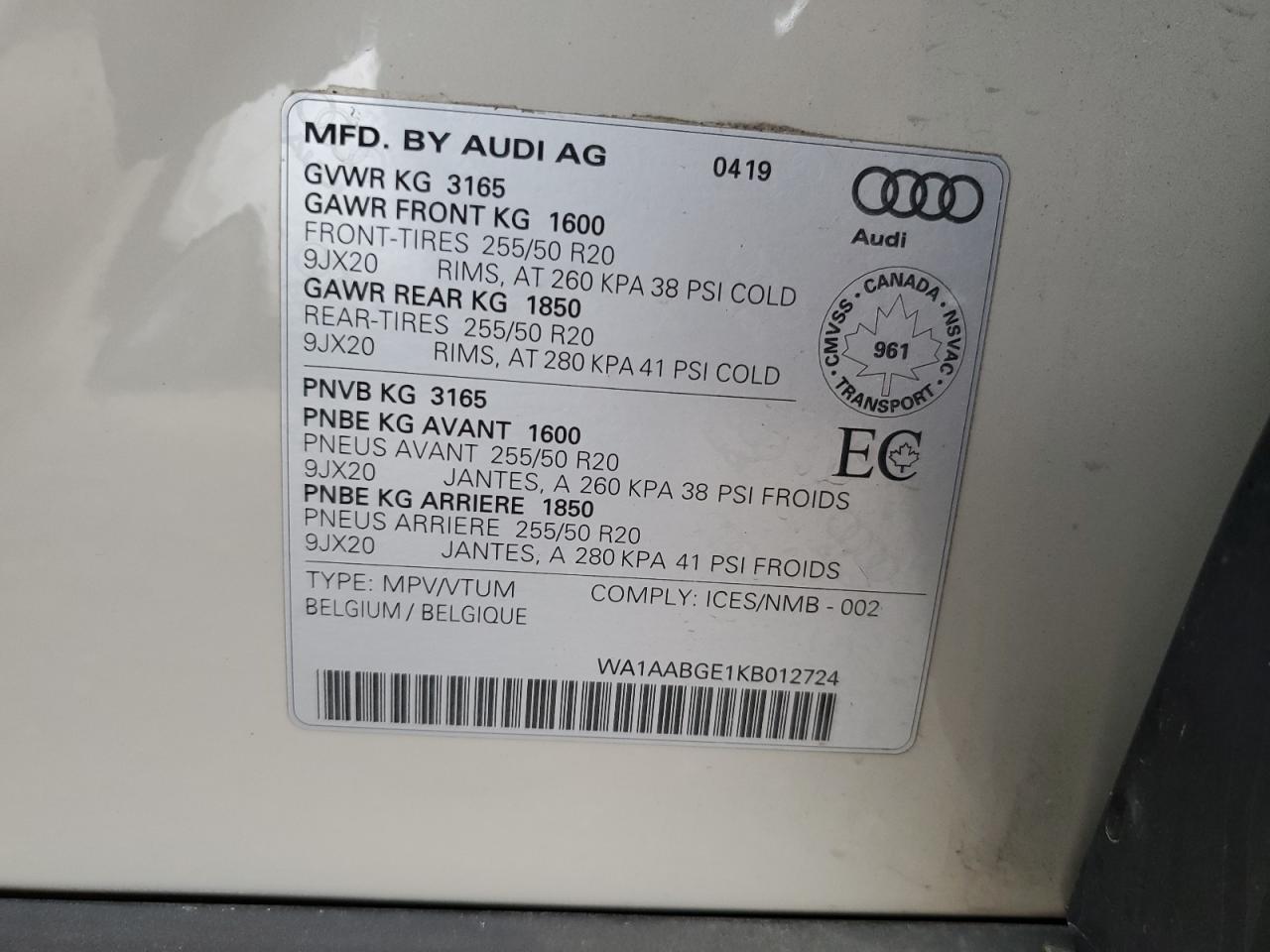 2019 Audi E-Tron Progressiv VIN: WA1AABGE1KB012724 Lot: 87011115