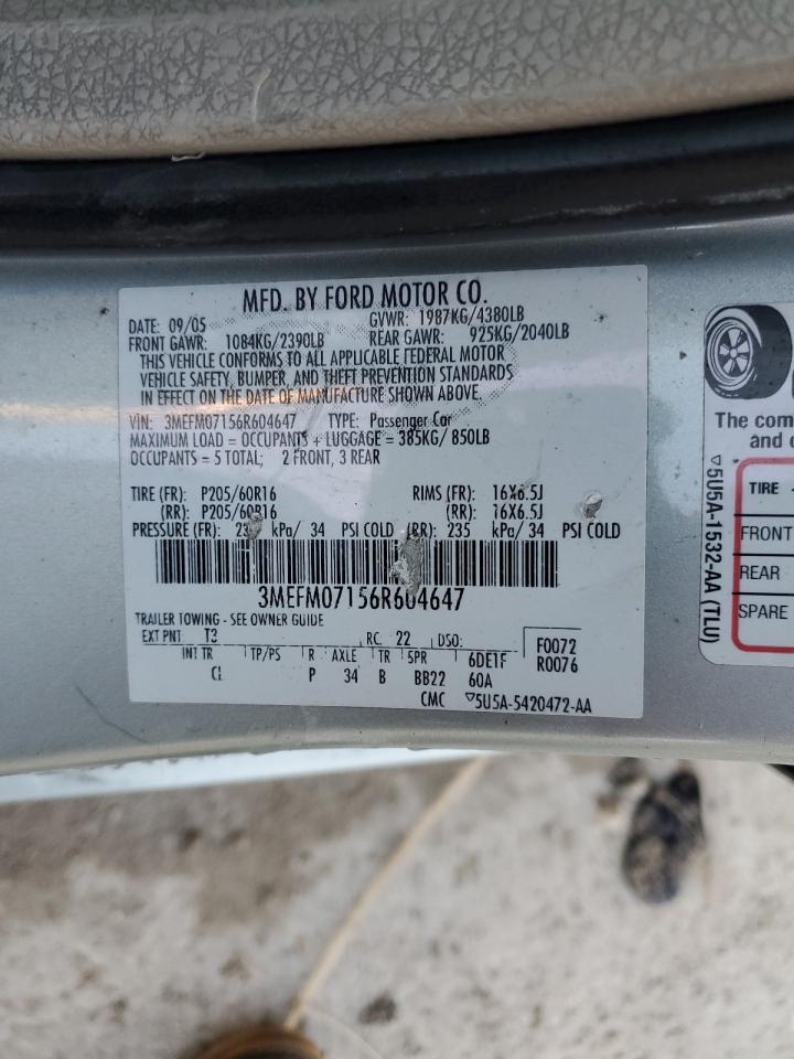 2006 Mercury Milan VIN: 3MEFM07156R604647 Lot: 87313555