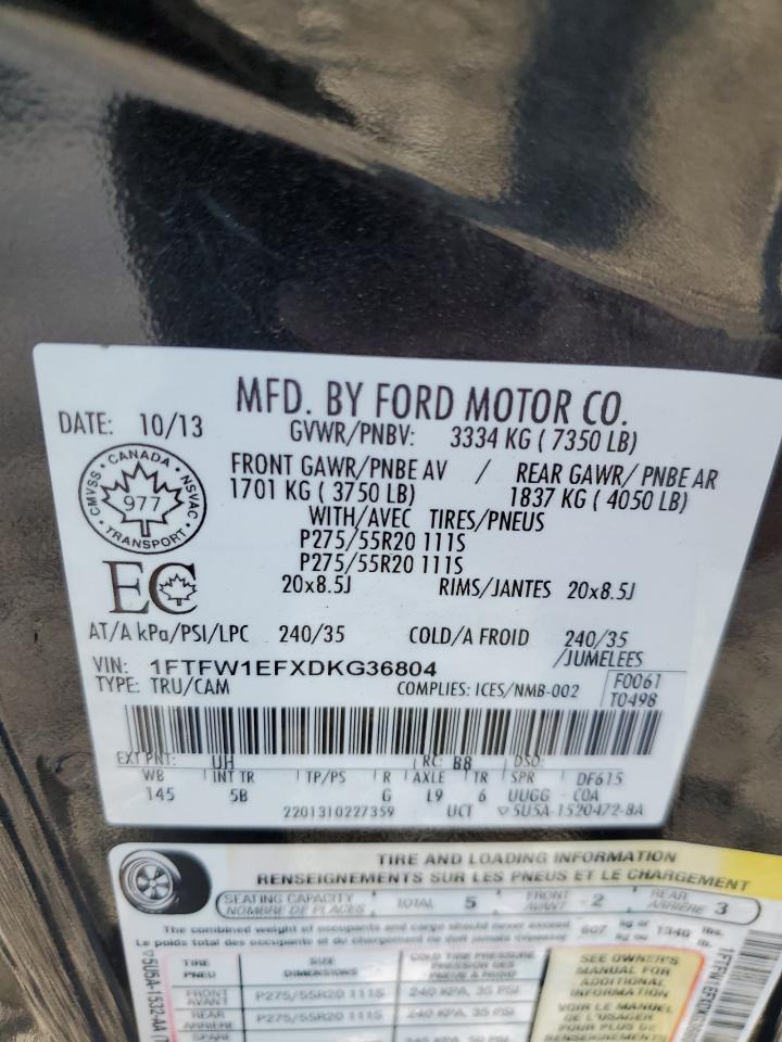 2013 Ford F150 Supercrew VIN: 1FTFW1EFXDKG36804 Lot: 85865115