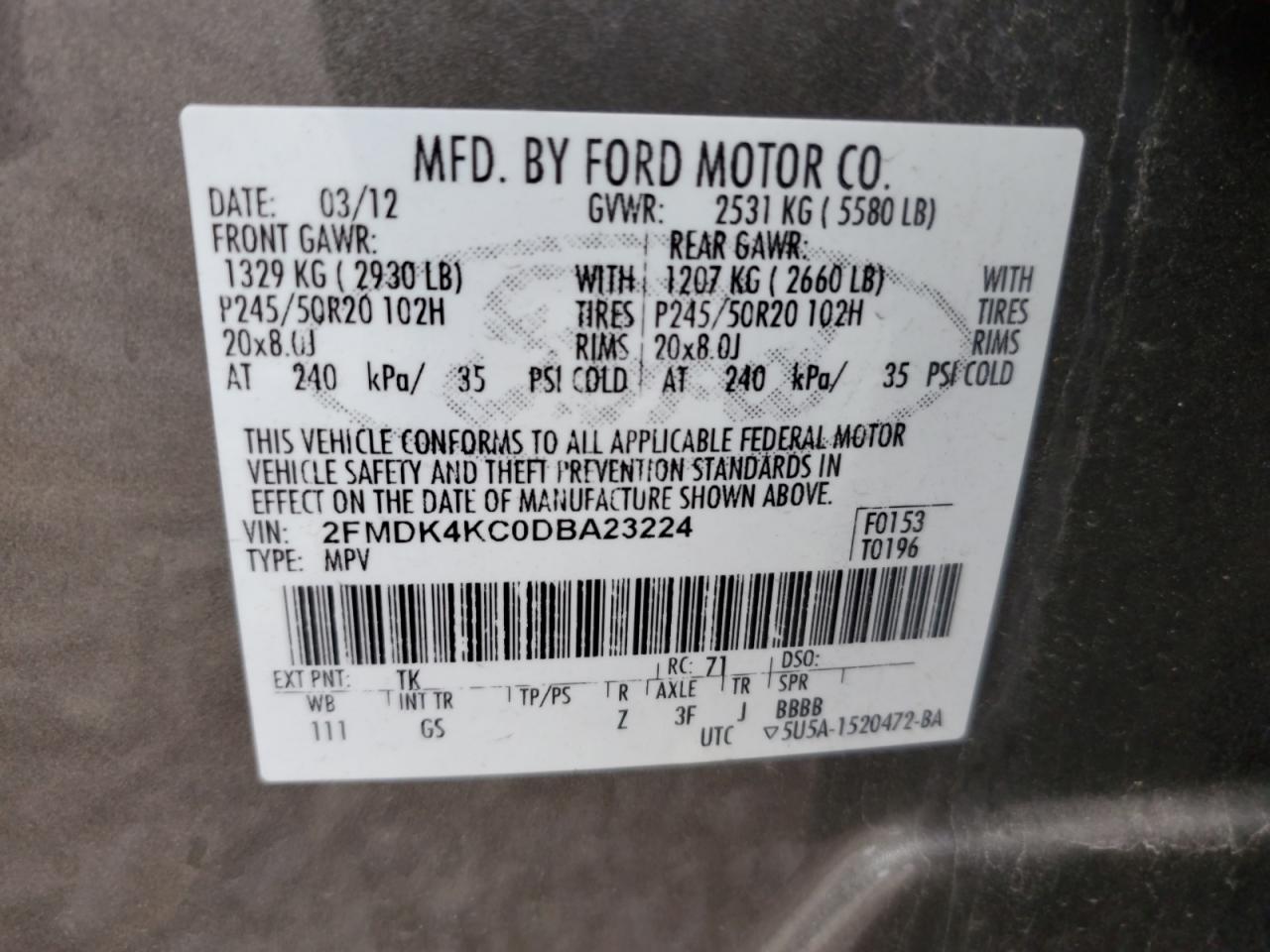 2013 Ford Edge Limited VIN: 2FMDK4KC0DBA23224 Lot: 86311925