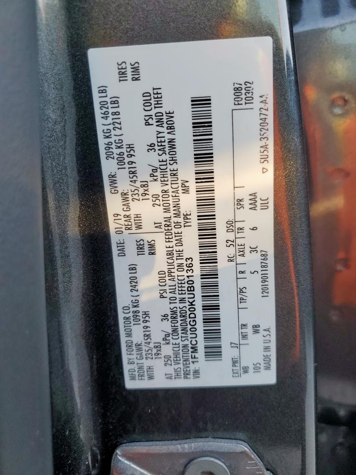 2019 Ford Escape Se VIN: 1FMCU0GD0KUB01363 Lot: 86278795