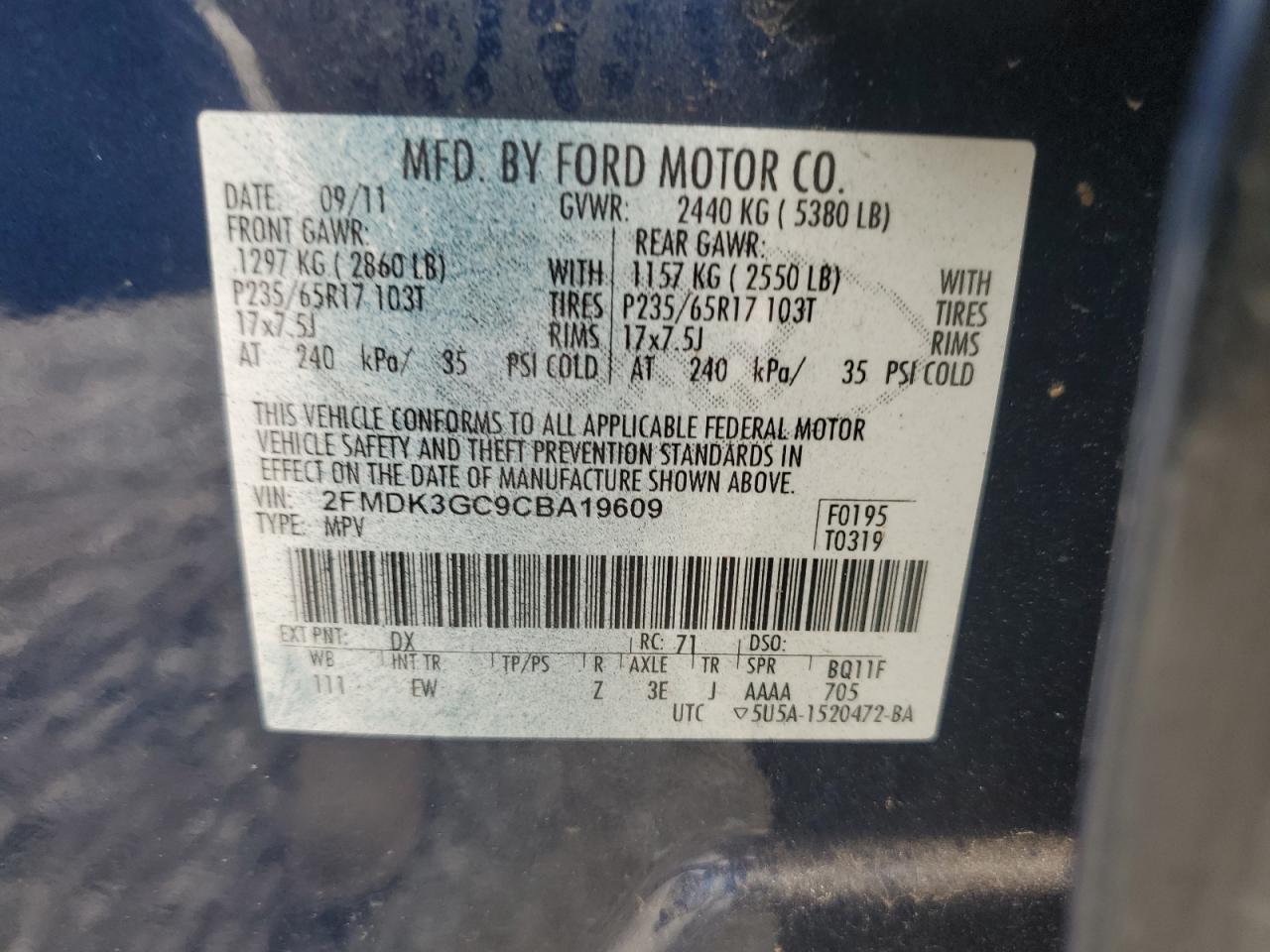 2012 Ford Edge Se VIN: 2FMDK3GC9CBA19609 Lot: 85586115