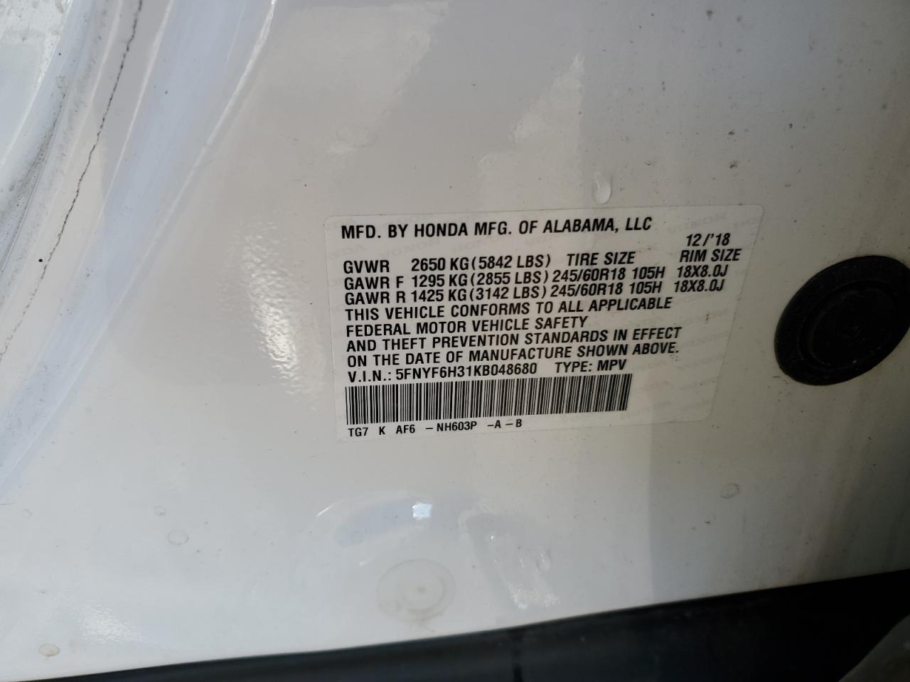 2019 Honda Pilot Ex VIN: 5FNYF6H31KB048680 Lot: 84944625