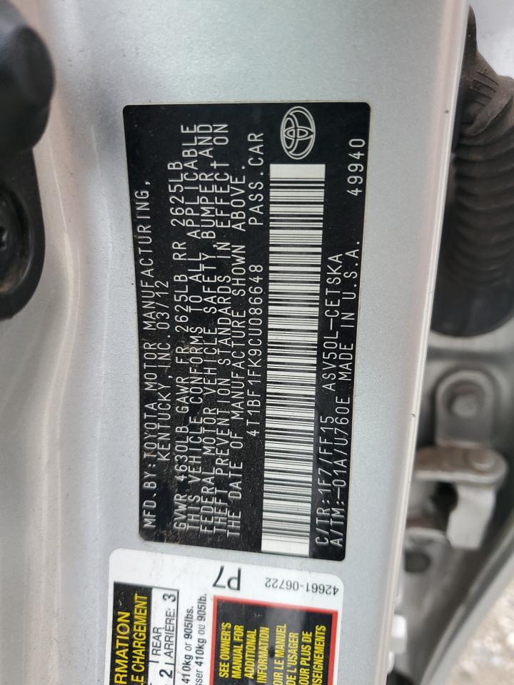 2012 Toyota Camry Base VIN: 4T1BF1FK9CU086648 Lot: 82244605