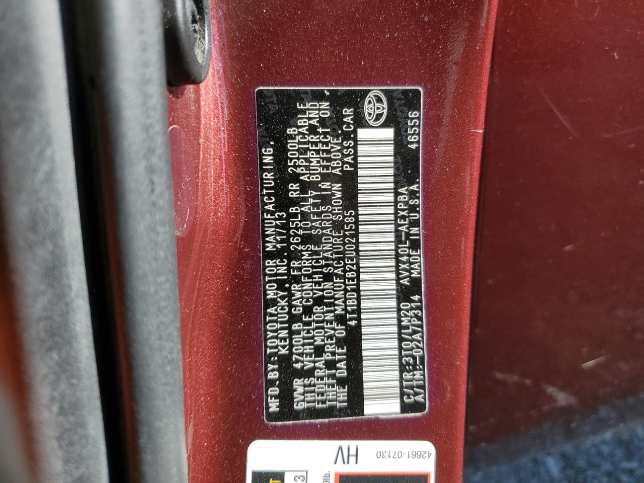 2014 Toyota Avalon Hybrid VIN: 4T1BD1EB2EU021585 Lot: 85079155