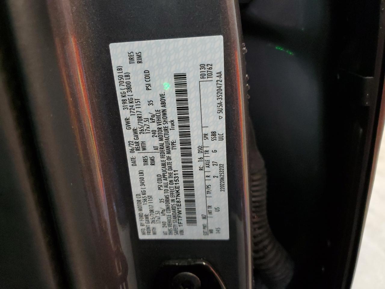2022 Ford F150 Supercrew VIN: 1FTFW1E87NKE15311 Lot: 85361615