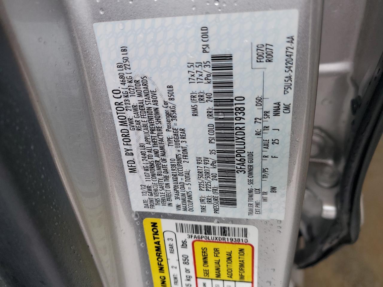 2013 Ford Fusion Se Hybrid VIN: 3FA6P0LUXDR193810 Lot: 90215395