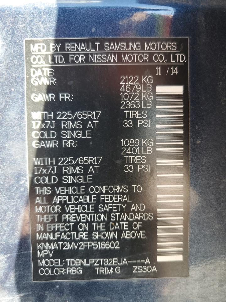 2015 Nissan Rogue S VIN: KNMAT2MV2FP516602 Lot: 86133695