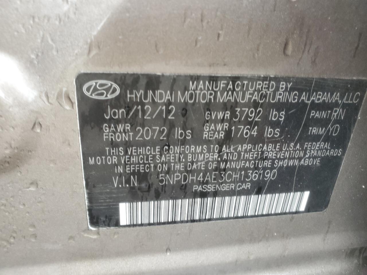 2012 Hyundai Elantra Gls VIN: 5NPDH4AE3CH136190 Lot: 85380815