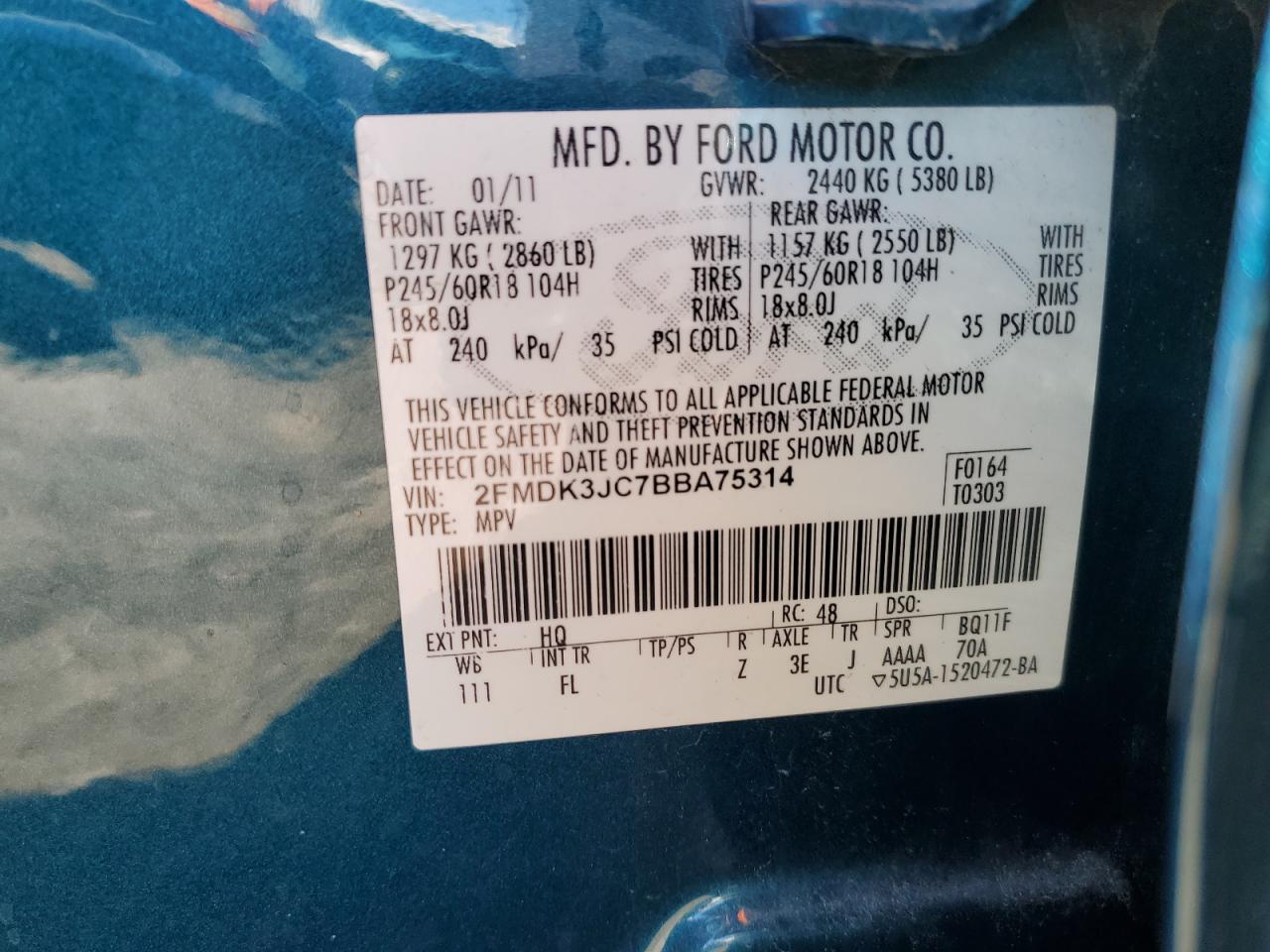 2011 Ford Edge Sel VIN: 2FMDK3JC7BBA75314 Lot: 85928835