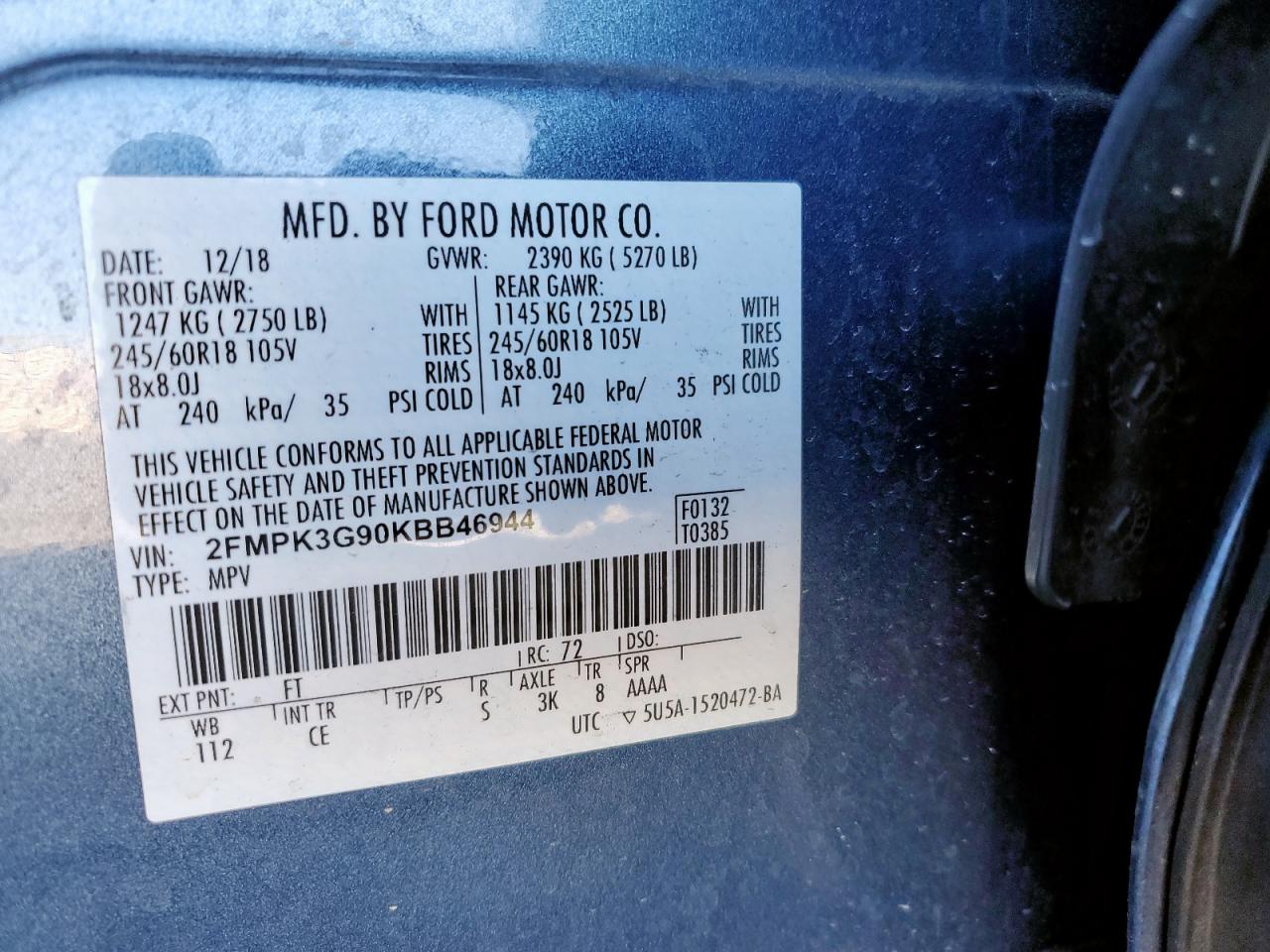 2019 Ford Edge Se VIN: 2FMPK3G90KBB46944 Lot: 87257115