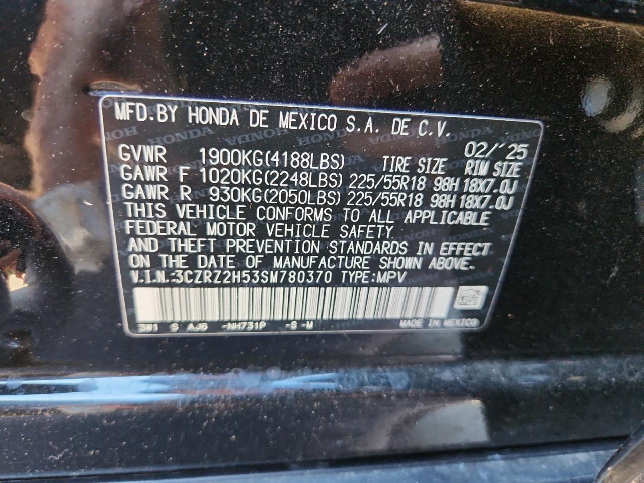 2025 Honda Hr-V Sport VIN: 3CZRZ2H53SM780370 Lot: 85734595