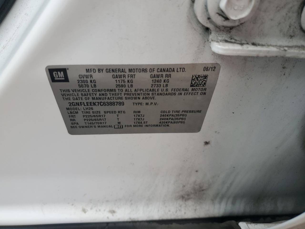 2012 Chevrolet Equinox Lt VIN: 2GNFLEEK7C6388789 Lot: 84801125