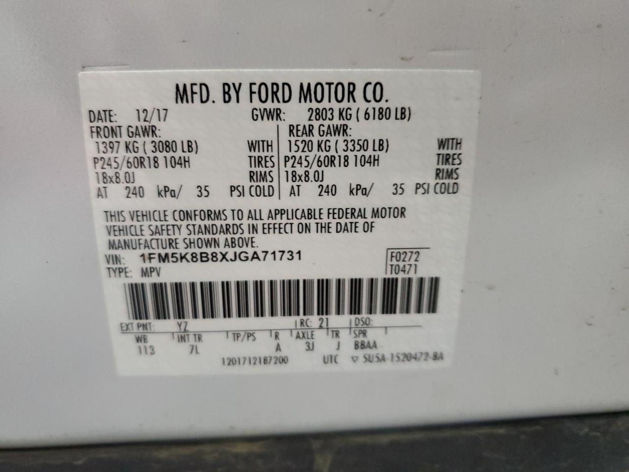 2018 Ford Explorer VIN: 1FM5K8B8XJGA71731 Lot: 85824475