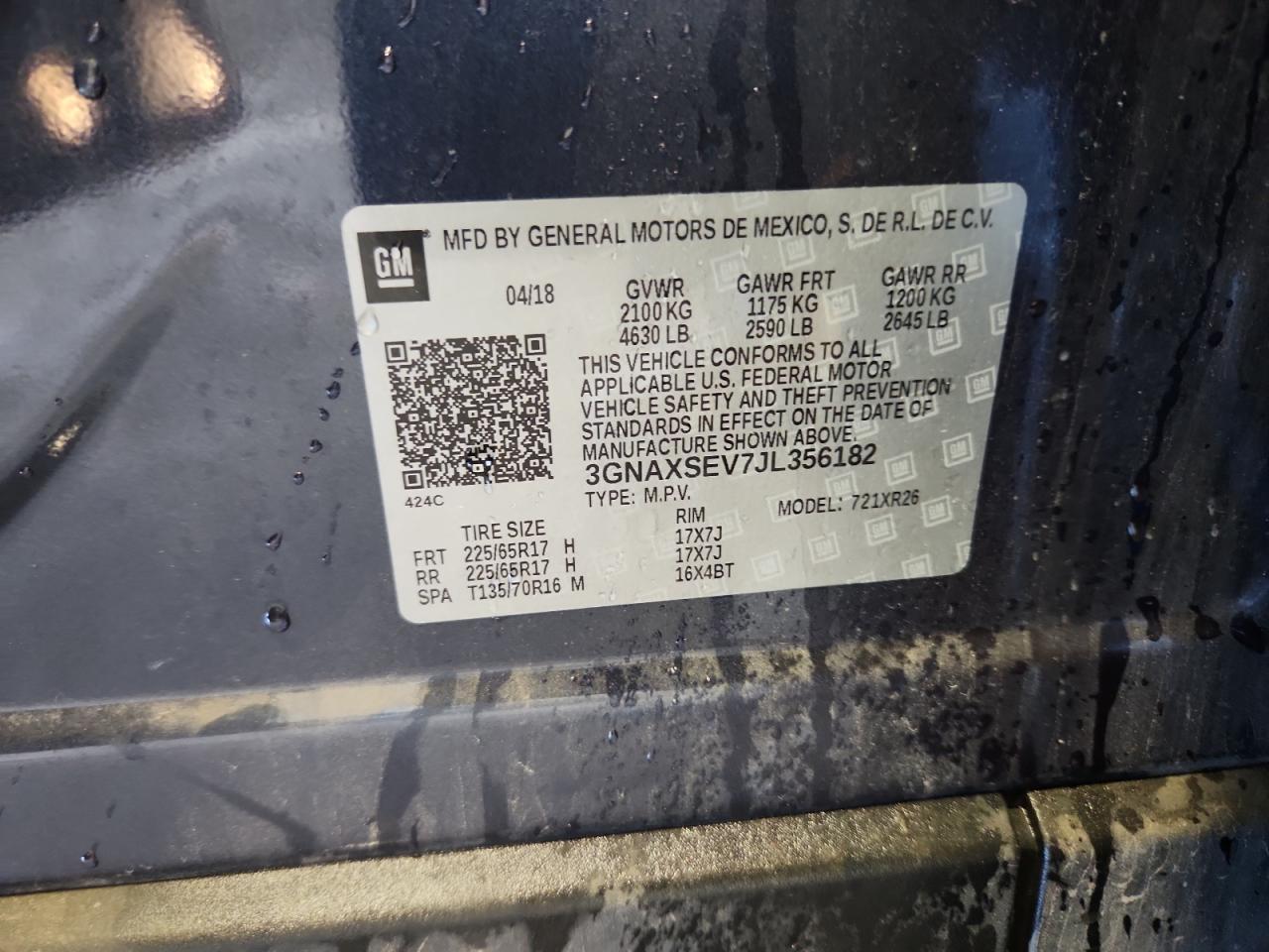 2018 Chevrolet Equinox Lt VIN: 3GNAXSEV7JL356182 Lot: 84966085