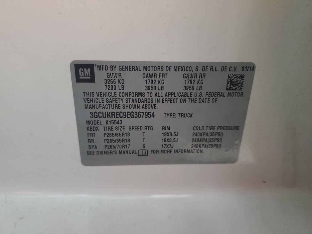 2014 Chevrolet Silverado K1500 Lt VIN: 3GCUKREC9EG367954 Lot: 86136315