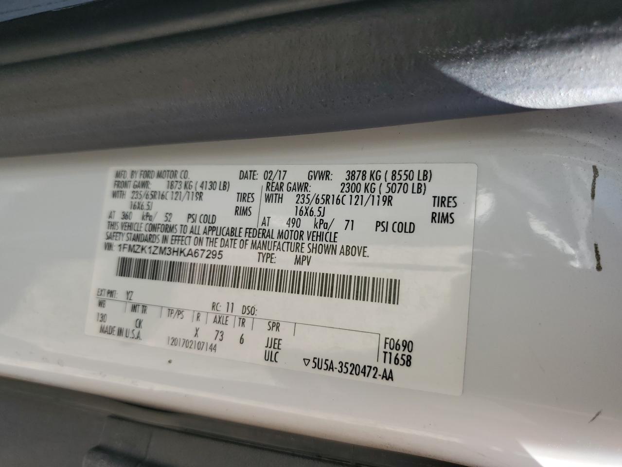 2017 Ford Transit T-150 VIN: 1FMZK1ZM3HKA67295 Lot: 85893285