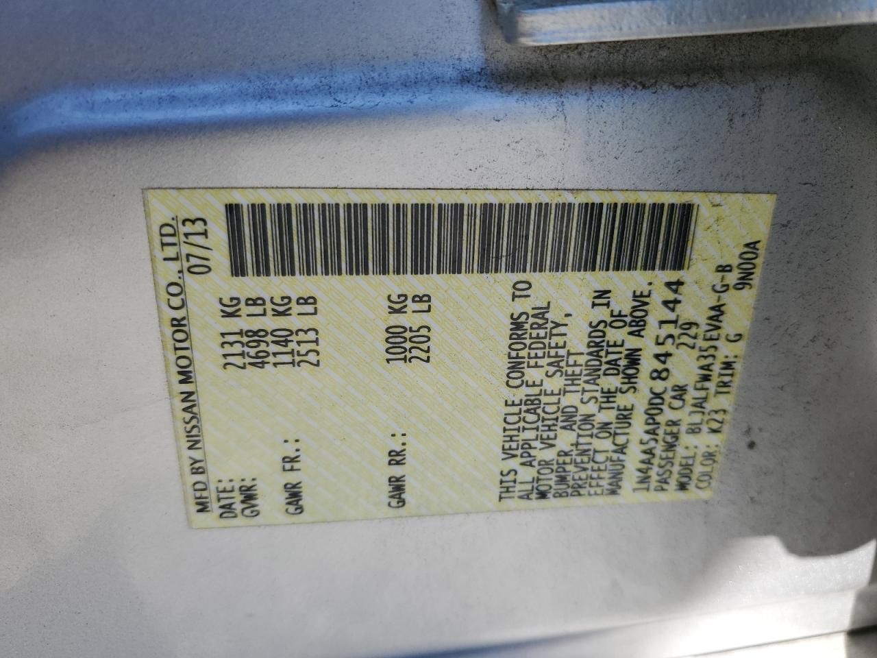 2013 Nissan Maxima S VIN: 1N4AA5AP0DC845144 Lot: 86224225