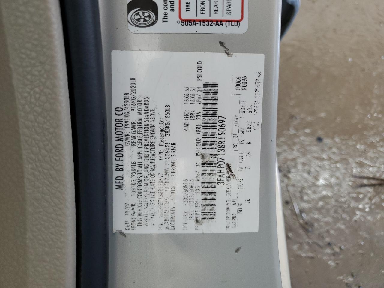 2008 Ford Fusion Se VIN: 3FAHP07138R150697 Lot: 86619125