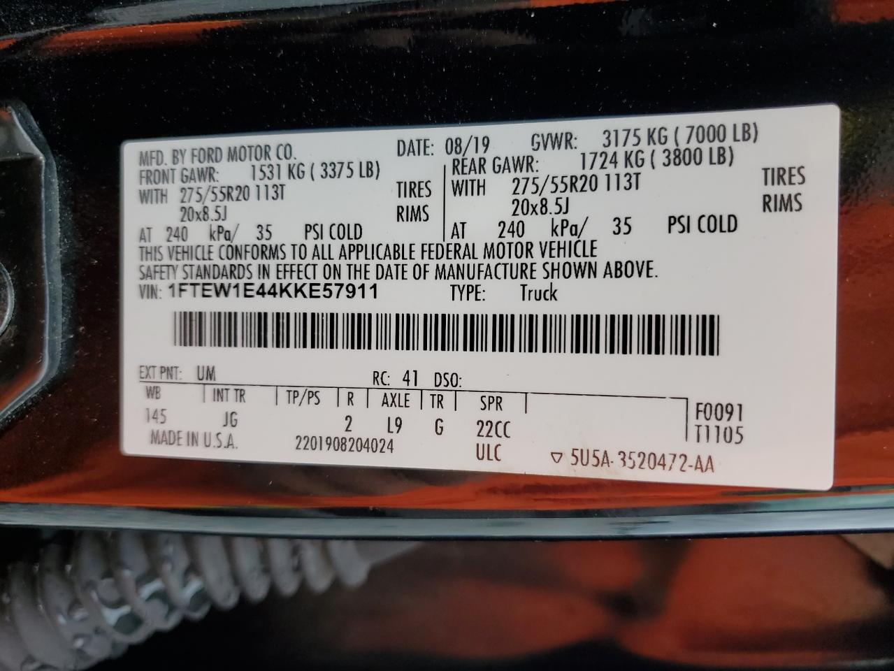 2019 Ford F150 Supercrew VIN: 1FTEW1E44KKE57911 Lot: 86223165