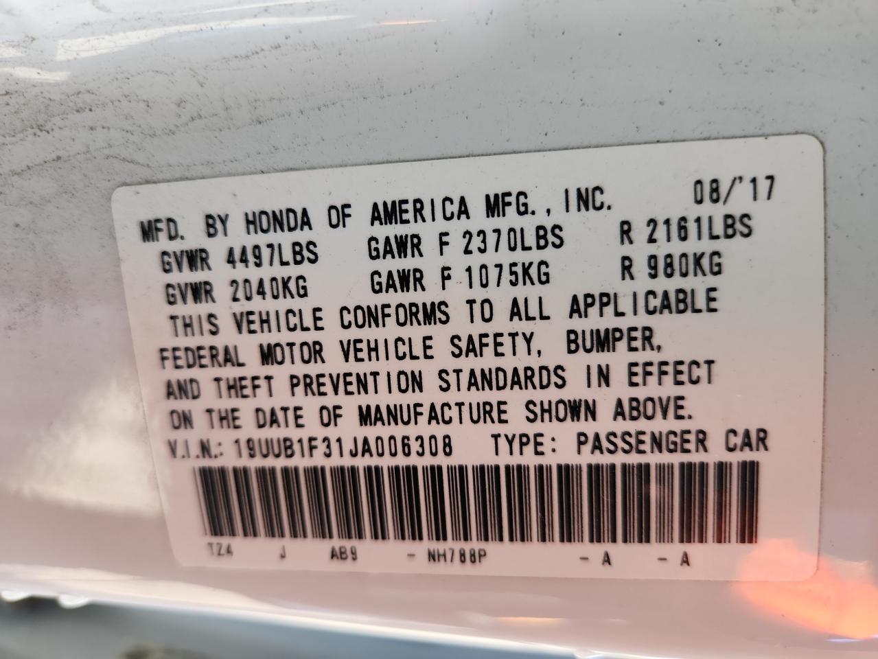 2018 Acura Tlx VIN: 19UUB1F31JA006308 Lot: 85135155