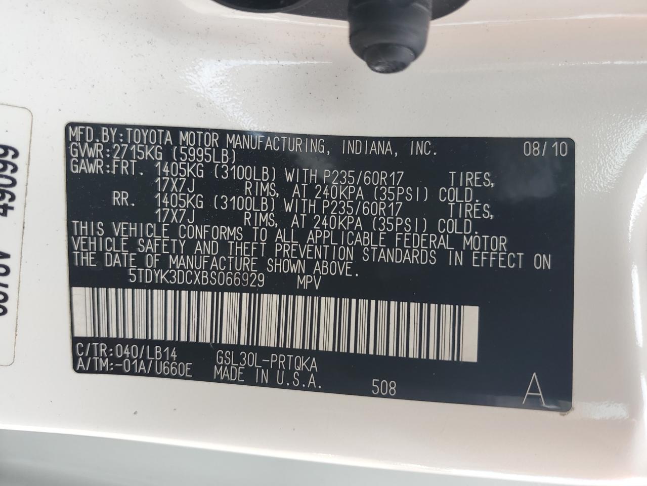 2011 Toyota Sienna Xle VIN: 5TDYK3DCXBS066929 Lot: 85003385