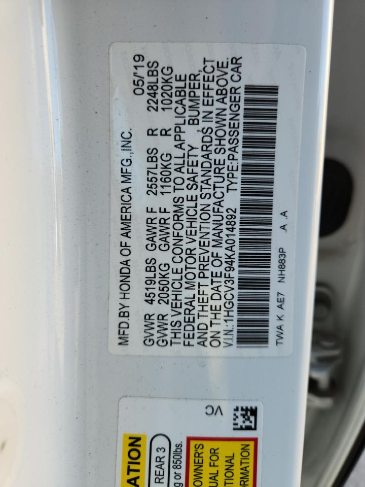 2019 Honda Accord Touring Hybrid VIN: 1HGCV3F94KA014892 Lot: 85704935