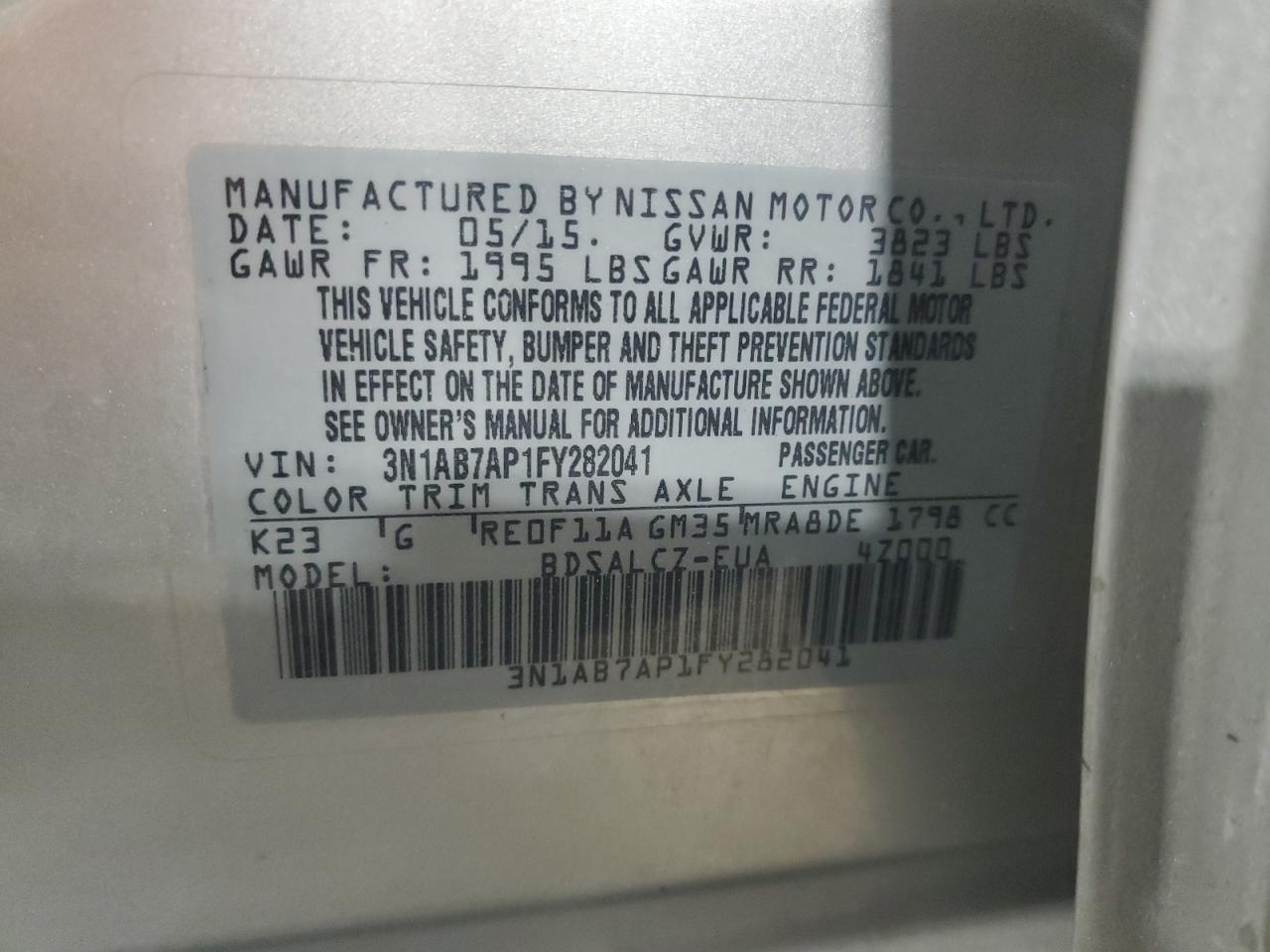 2015 Nissan Sentra S VIN: 3N1AB7AP1FY282041 Lot: 85495995