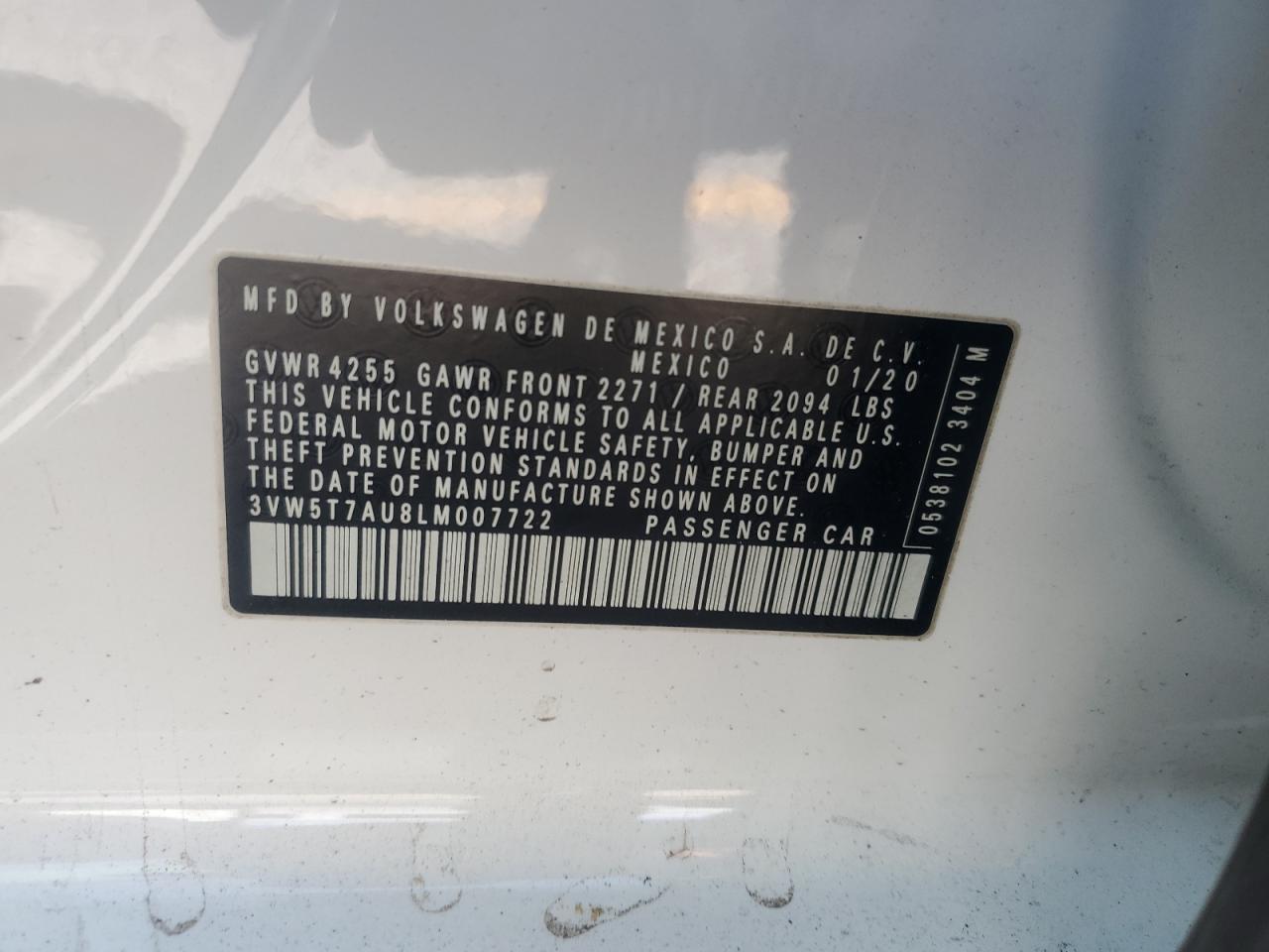 2020 Volkswagen Gti S VIN: 3VW5T7AU8LM007722 Lot: 85946505