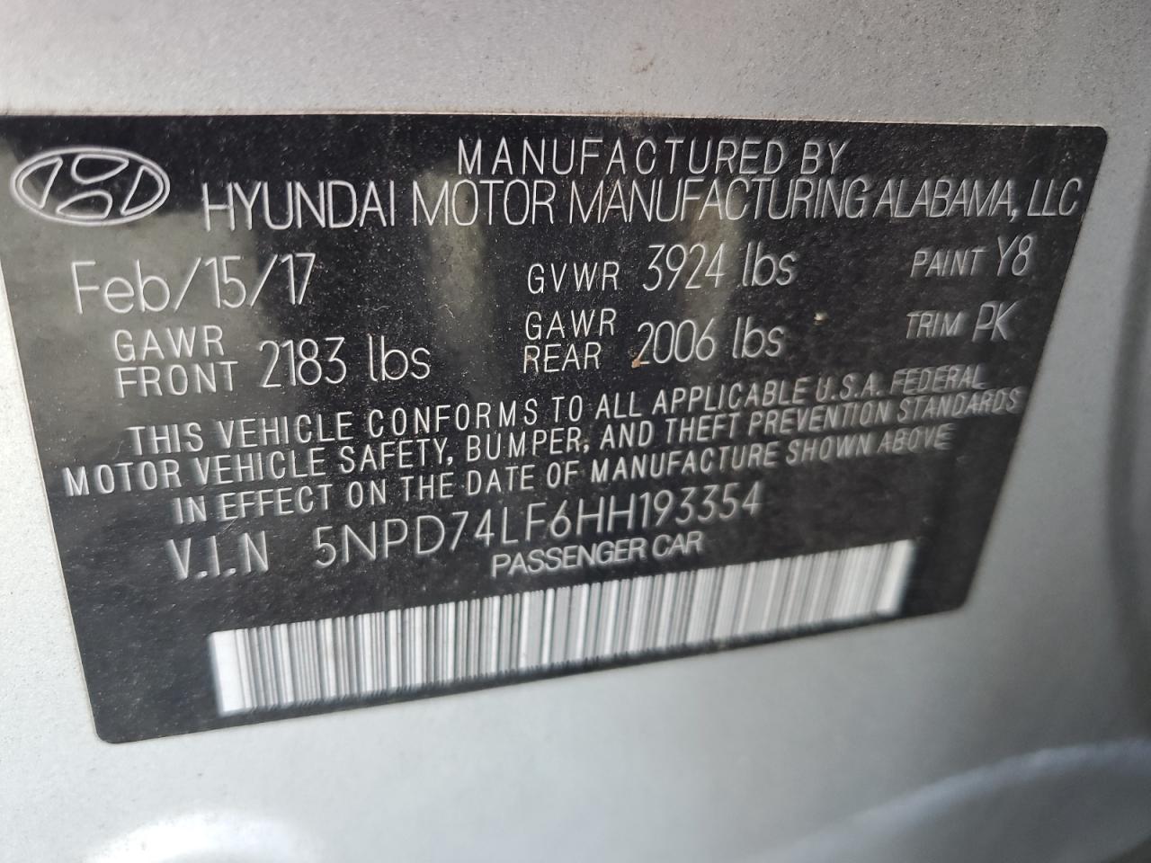 2017 Hyundai Elantra Se VIN: 5NPD74LF6HH193354 Lot: 81860615