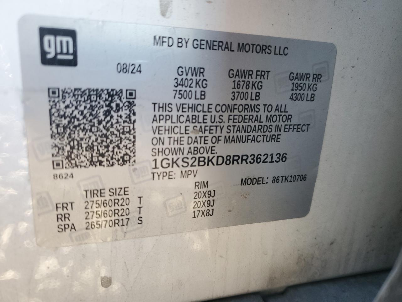 2024 GMC Yukon Slt VIN: 1GKS2BKD8RR362136 Lot: 82630615