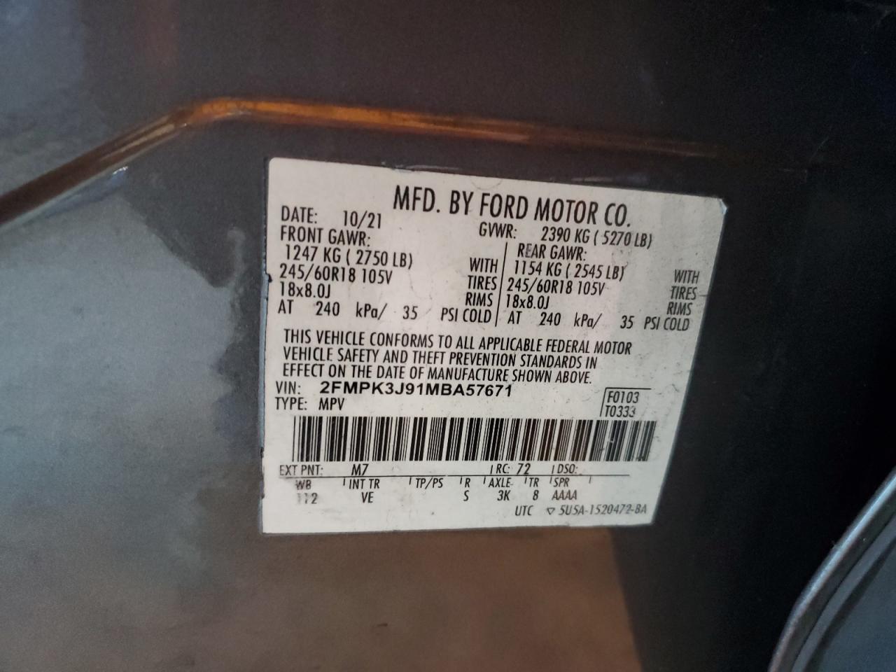 2021 Ford Edge Sel VIN: 2FMPK3J91MBA57671 Lot: 84903175