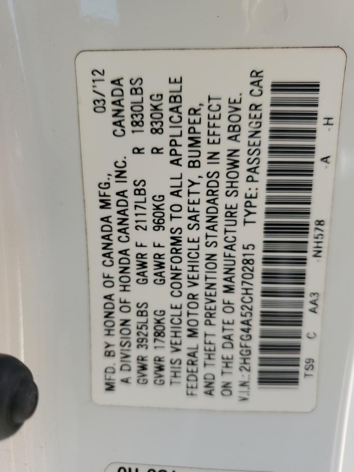 2012 Honda Civic Si VIN: 2HGFG4A52CH702815 Lot: 84910625