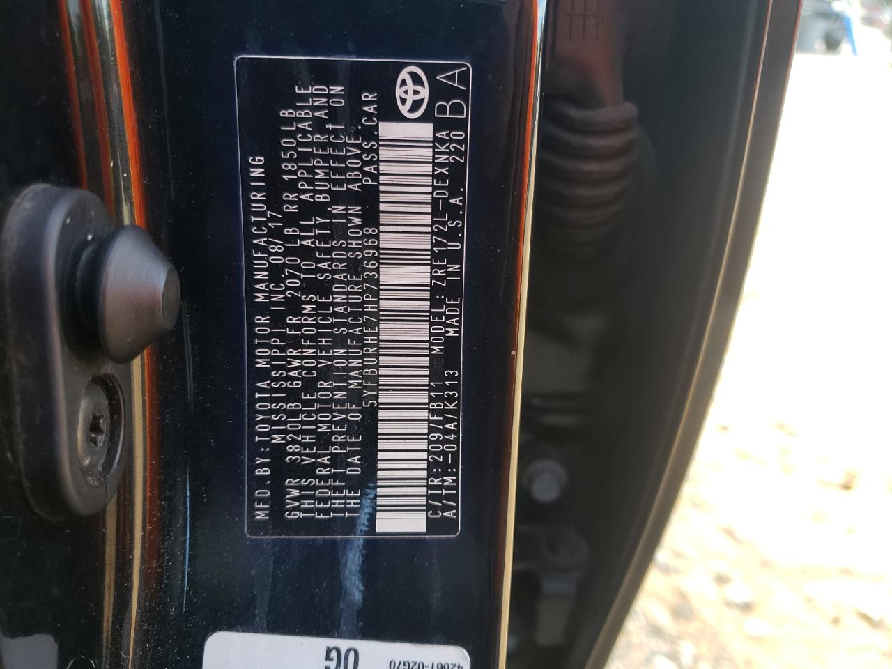 2017 Toyota Corolla L VIN: 5YFBURHE7HP736968 Lot: 85124075