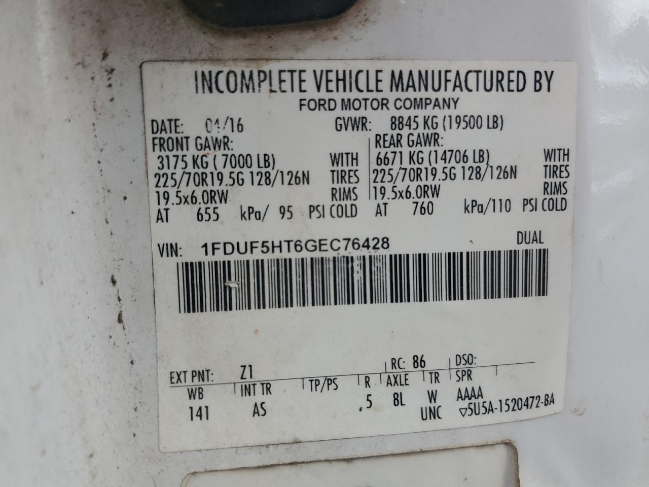 2016 Ford F550 Super Duty VIN: 1FDUF5HT6GEC76428 Lot: 85316315